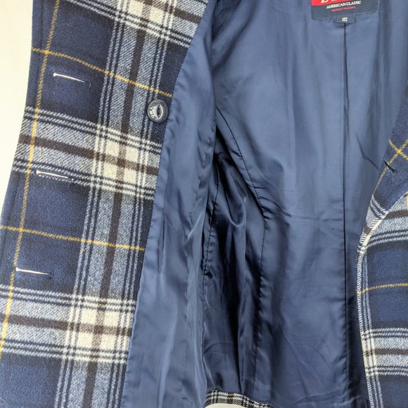 ELAND Navy Plaid Peacoat with Fur Hood Sz S - Picture 5 of 9